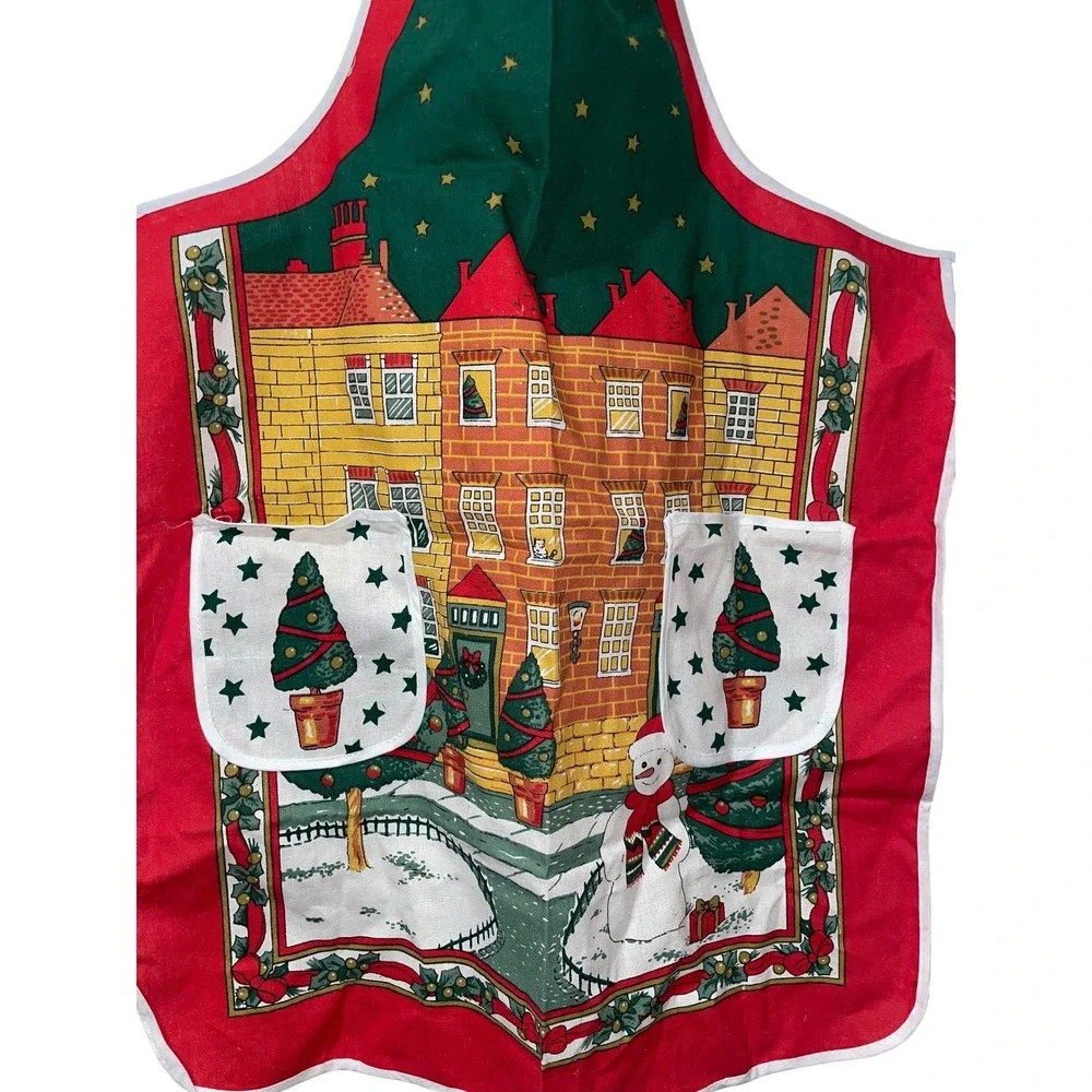 Christmas Kitchen Apron‎ Holiday Village Snowman Pockets Retro